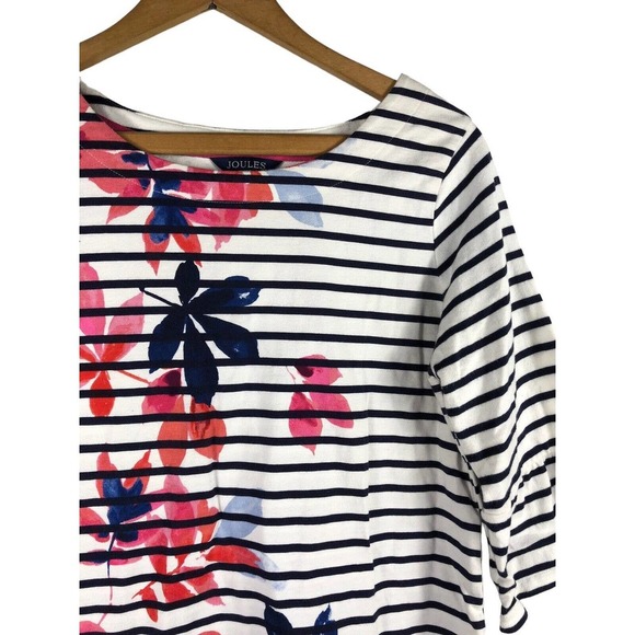Joules Shirt Knit Top US 8 / UK 12 Stripe 3/4 Sleeve Floral White Blue Pink - Picture 5 of 9